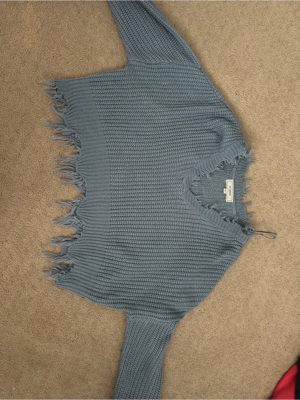 Fringed V-Neck Off-the-Shoulder Sweater in Light Blue